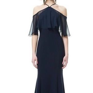 Theia Mermaid Halter Off-shoulder Navy Dress